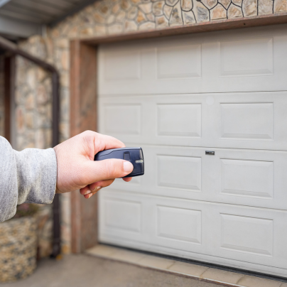 Raleigh security key fob pointing to a garage door